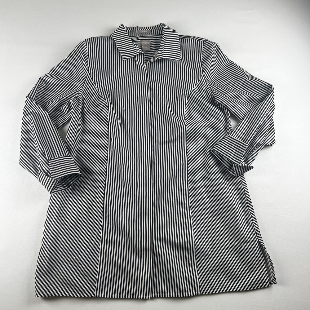 Chicos No Iron Black White Striped Tunic Button Down Shirt Size 0 XS 4 6 Cotton